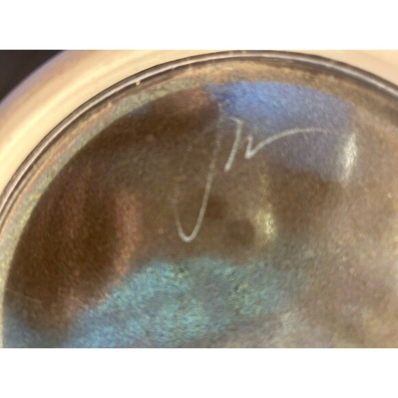 Vintage Studio Art Pottery Bowl Iridescent Burnt Brown Glaze 11" Shallow Signed - Picture 3 of 11
